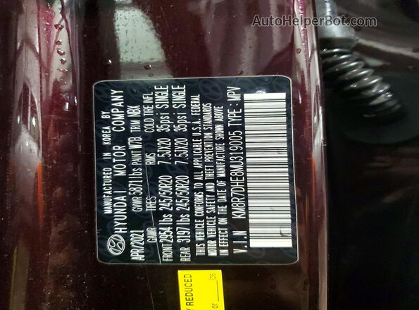 KM8R7DHE8MU319005 2021 HYUNDAI PALISADE Purple Widok naklejki z numerem VIN
