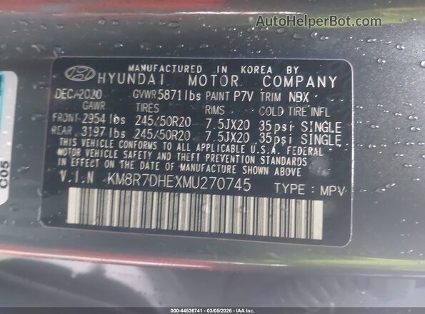 KM8R7DHEXMU270745 2021 HYUNDAI PALISADE Gray ძრავის განყოფილების ხედი