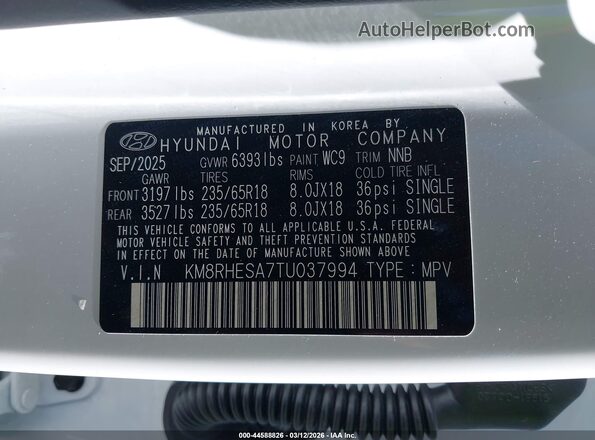 KM8RHESA7TU037994 2026 HYUNDAI PALISADE HEV White 