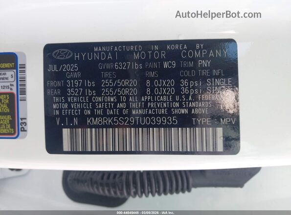KM8RK5S29TU039935 2026 HYUNDAI PALISADE White Widok komory silnika