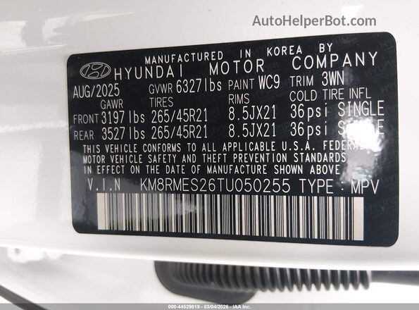 KM8RMES26TU050255 2026 HYUNDAI PALISADE Белый Вид подкапотного пространства