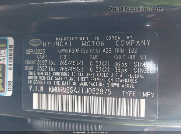 KM8RMESA2TU032875 2026 HYUNDAI PALISADE HEV Черный Вид подкапотного пространства