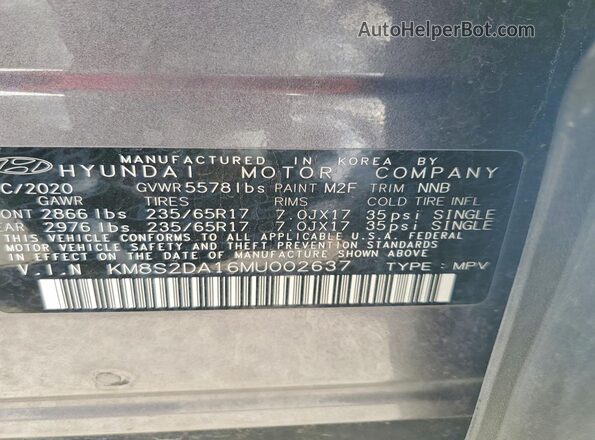 KM8S2DA16MU002637 2021 HYUNDAI SANTA Gray Սալոնի 360 աստիճան տեսք