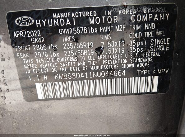 KM8S3DA11NU044664 2022 HYUNDAI SANTA FE HYBRID Gray Вид підкапотного простору