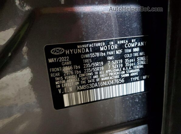 KM8S3DA16NU047656 2022 HYUNDAI SANTA Серый Панорамный вид салона 360°