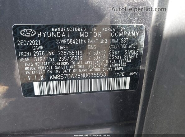 KM8S7DA26NU035553 2022 HYUNDAI SANTA FE PLUG-IN HYBRID Gray 