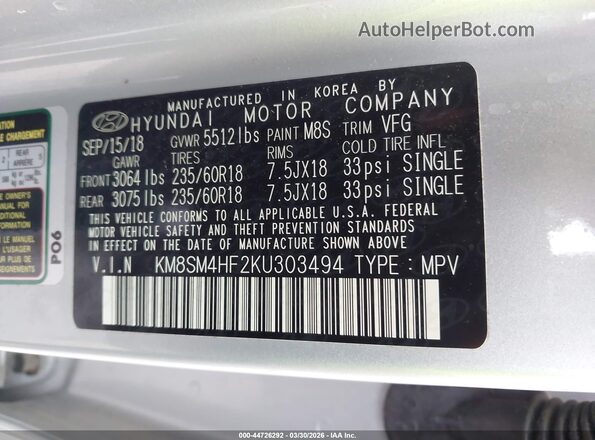 KM8SM4HF2KU303494 2019 HYUNDAI SANTA FE XL Silver Engine compartment view