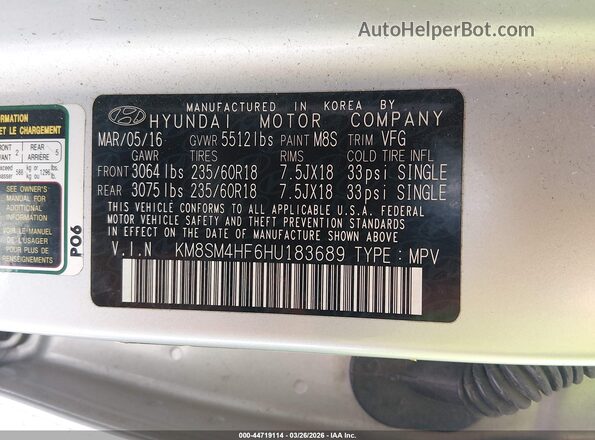 KM8SM4HF6HU183689 2017 HYUNDAI SANTA FE Gray Widok komory silnika