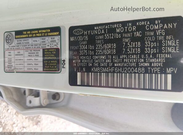 KM8SM4HF6HU200488 2017 HYUNDAI SANTA FE White 