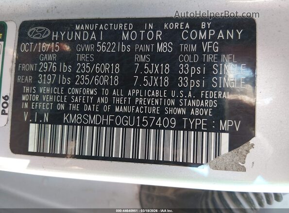 KM8SMDHF0GU157409 2016 HYUNDAI SANTA FE Silver 