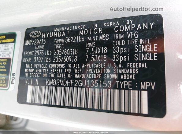 KM8SMDHF2GU135153 2016 HYUNDAI SANTA FE Silver Widok komory silnika