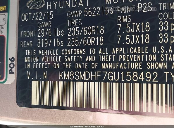 KM8SMDHF7GU158492 2016 HYUNDAI SANTA FE Silver Շարժիչի բաժամունքի տեսք