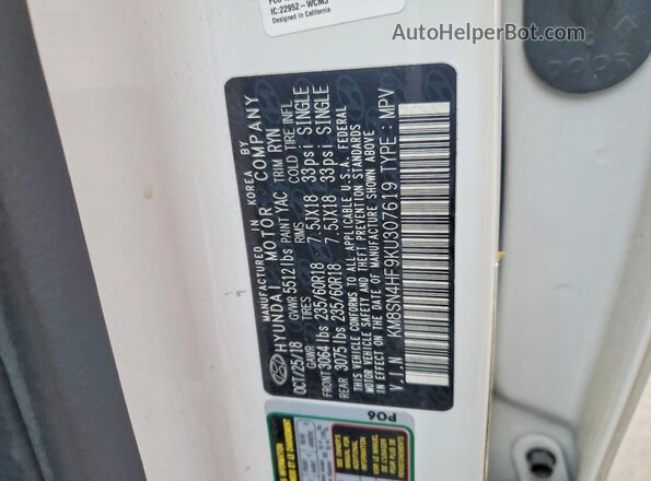 KM8SN4HF9KU307619 2019 HYUNDAI SANTA White Vista de la etiqueta del VIN