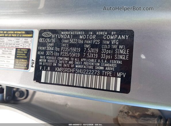 KM8SRDHF5HU222273 2017 HYUNDAI SANTA FE Silver Вид підкапотного простору