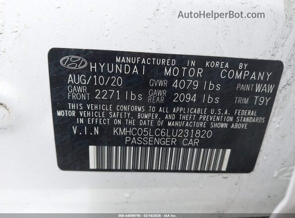 KMHC05LC6LU231820 2020 HYUNDAI IONIQ HYBRID Белый 