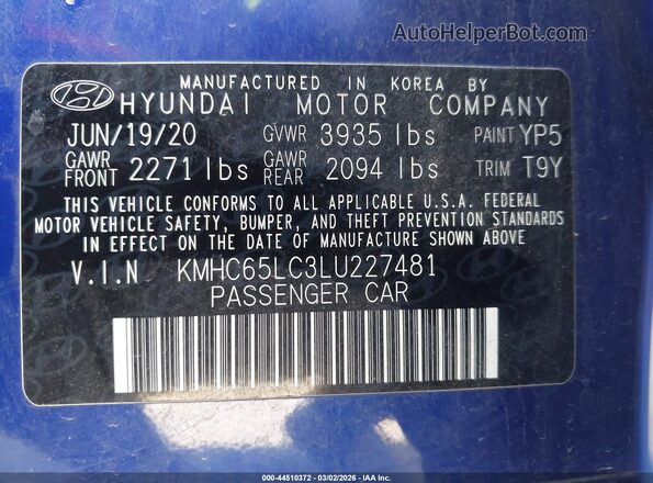 KMHC65LC3LU227481 2020 HYUNDAI IONIQ HYBRID Blue 