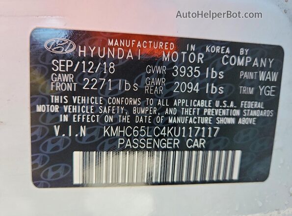 KMHC65LC4KU117117 2019 HYUNDAI IONIQ White 