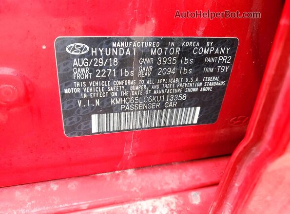 KMHC65LC6KU113358 2019 HYUNDAI IONIQ Красный 