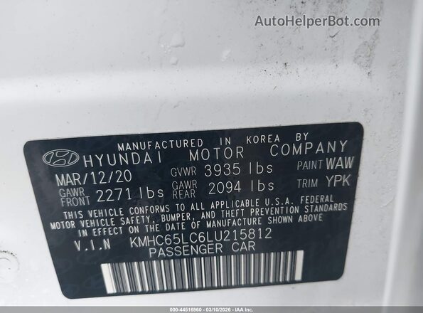 KMHC65LC6LU215812 2020 HYUNDAI IONIQ HYBRID Белый 