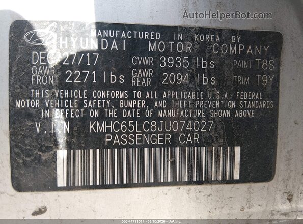 KMHC65LC8JU074027 2018 HYUNDAI IONIQ HYBRID Silver ძრავის განყოფილების ხედი