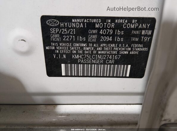 KMHC75LC1NU274167 2022 HYUNDAI IONIQ HYBRID White Շարժիչի բաժամունքի տեսք