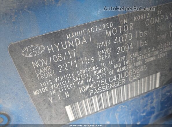 KMHC75LC4JU065645 2018 HYUNDAI IONIQ HYBRID Blue 