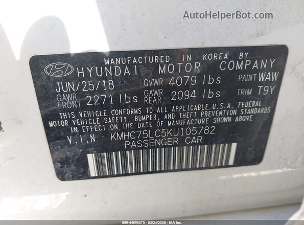 KMHC75LC5KU105782 2019 HYUNDAI IONIQ HYBRID White Շարժիչի բաժամունքի տեսք