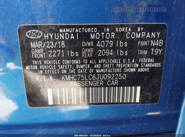 KMHC75LC6JU092250 2018 HYUNDAI IONIQ HYBRID Blue ძრავის განყოფილების ხედი