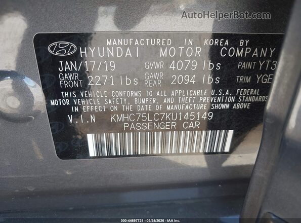 KMHC75LC7KU145149 2019 HYUNDAI IONIQ HYBRID Gray Engine compartment view