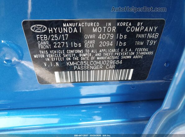 KMHC85LC0HU029684 2017 HYUNDAI IONIQ HYBRID Blue 