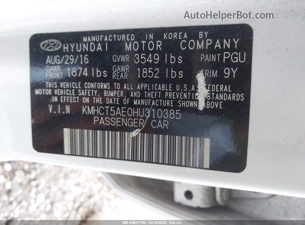 KMHCT5AE0HU310385 2017 HYUNDAI ACCENT White 