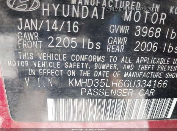 KMHD35LH6GU334166 2016 HYUNDAI ELANTRA GT Red Engine compartment view