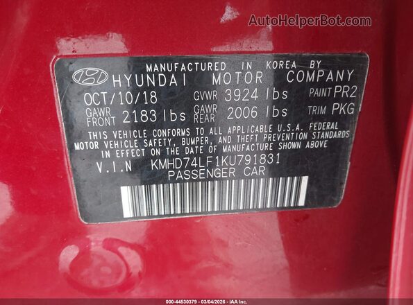 KMHD74LF1KU791831 2019 HYUNDAI ELANTRA Red 