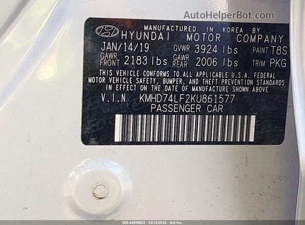 KMHD74LF2KU861577 2019 HYUNDAI ELANTRA Silver Engine compartment view