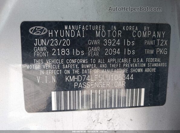 KMHD74LF5LU106344 2020 HYUNDAI ELANTRA Silver Вид підкапотного простору