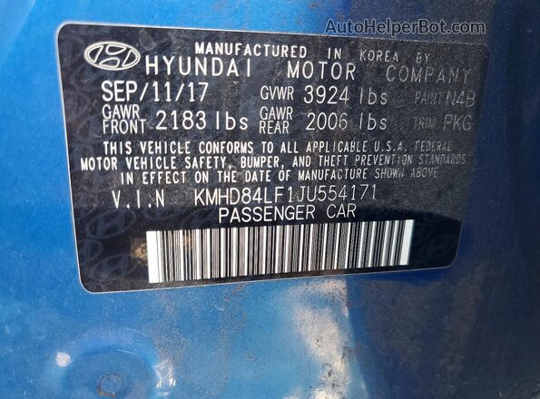KMHD84LF1JU554171 2018 HYUNDAI ELANTRA Blue 