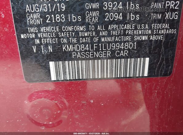 KMHD84LF1LU994801 2020 HYUNDAI ELANTRA Red Vista del compartimento del motor