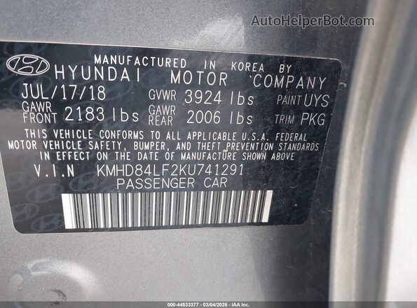 KMHD84LF2KU741291 2019 HYUNDAI ELANTRA Gray 