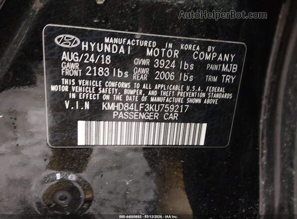 KMHD84LF3KU759217 2019 HYUNDAI ELANTRA Black 