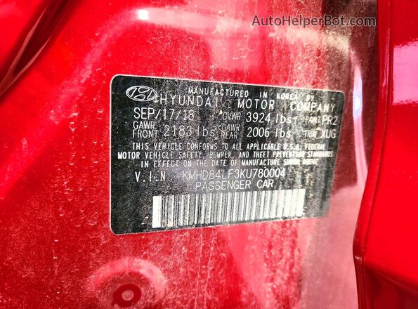 KMHD84LF3KU780004 2019 HYUNDAI ELANTRA Красный 