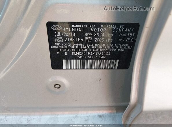 KMHD84LF4KU731104 2019 HYUNDAI ELANTRA Gray Widok komory silnika