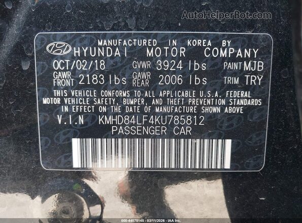 KMHD84LF4KU785812 2019 HYUNDAI ELANTRA Black Engine compartment view