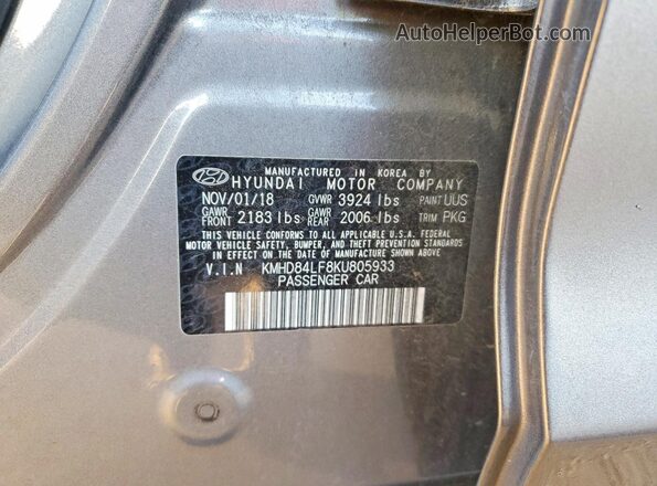 KMHD84LF8KU805933 2019 HYUNDAI ELANTRA Серый Вид наклейки с VIN-кодом