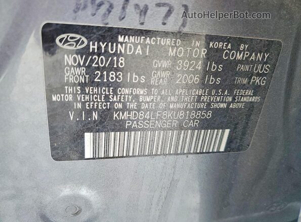 KMHD84LF8KU818858 2019 HYUNDAI ELANTRA Gray 