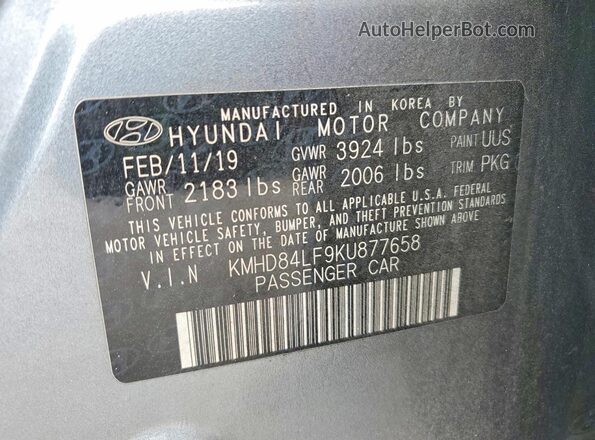 KMHD84LF9KU877658 2019 HYUNDAI ELANTRA Silver Vista de la etiqueta del VIN
