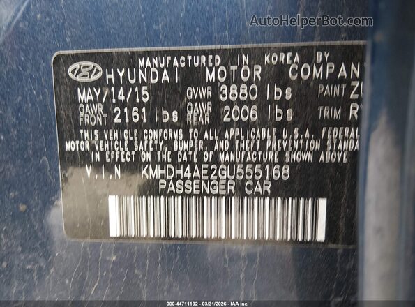 KMHDH4AE2GU555168 2016 HYUNDAI ELANTRA Blue 