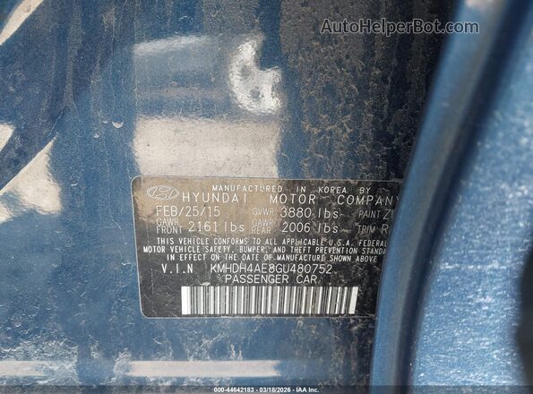 KMHDH4AE8GU480752 2016 HYUNDAI ELANTRA Blue 