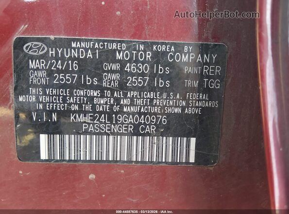 KMHE24L19GA040976 2016 HYUNDAI SONATA HYBRID Красный Вид подкапотного пространства