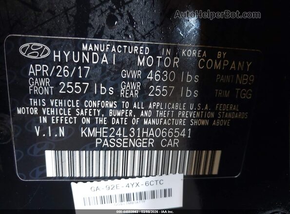 KMHE24L31HA066541 2017 HYUNDAI SONATA HYBRID Black Շարժիչի բաժամունքի տեսք