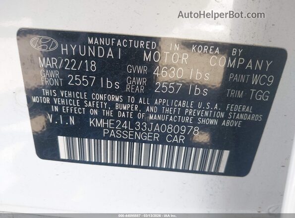 KMHE24L33JA080978 2018 HYUNDAI SONATA HYBRID White 